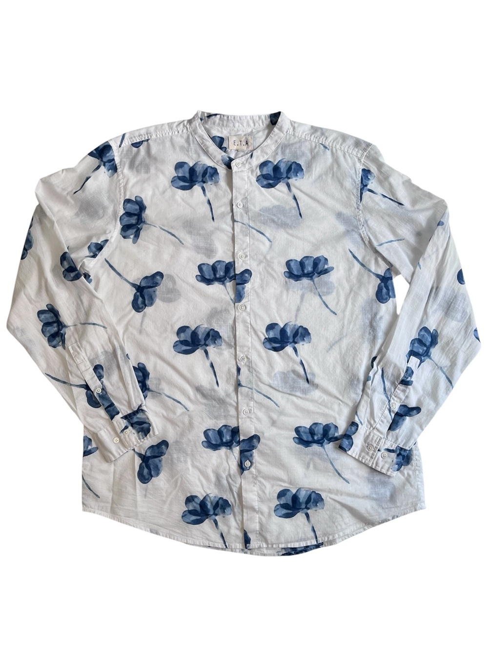 White 100% Cotton Button Down Shirt with Navy Blue Floral Print